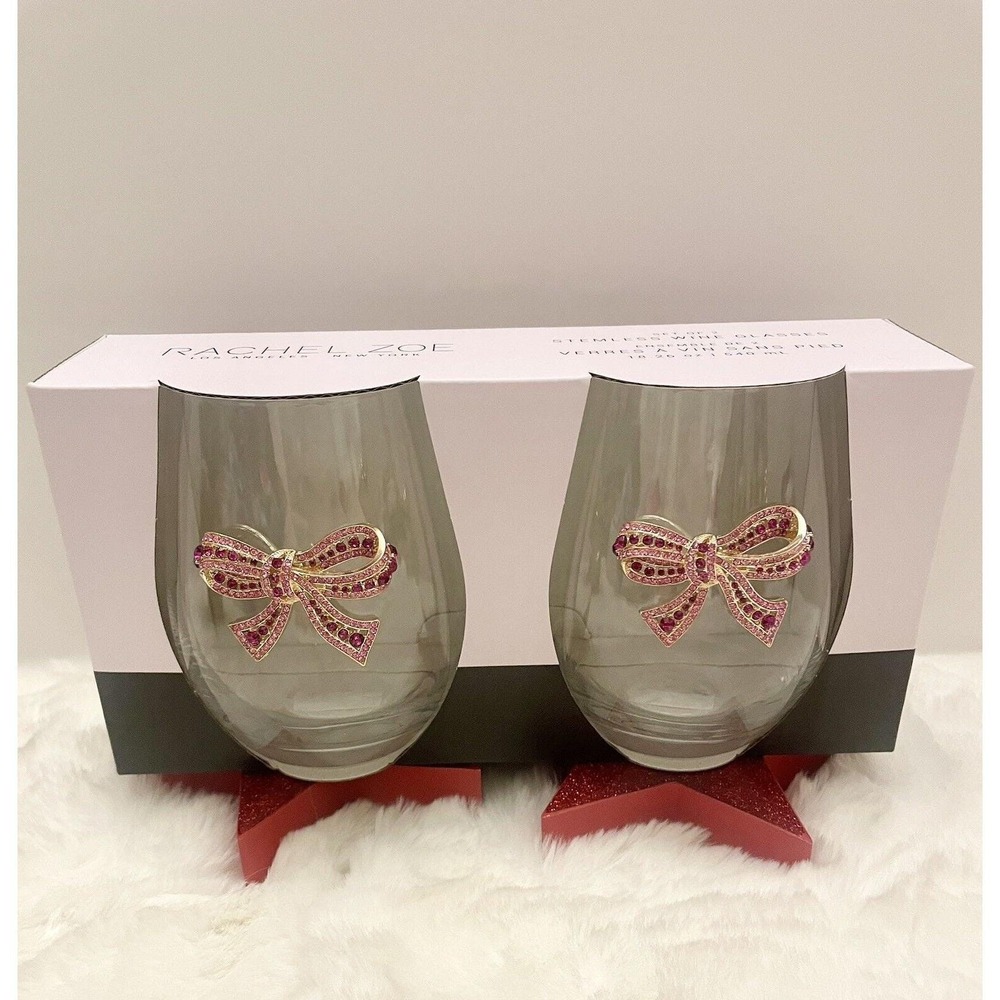Rachel Zoe Pink Bow Jeweled Rhinestone Stemless‎ Wine Glass Set of 2